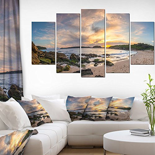 Designart Sydney Sunset-Seashore Canvas Wall Artwork-60x32 5 Piece, 60x32-5 Panels Diamond Shape, Blue