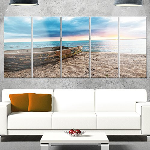 Designart Rusty Row Boat on Sand at Sunset - Extra Large Seascape Glossy Metal Wall Art, 28'' H x 60'' W x 1'' D 5PE
