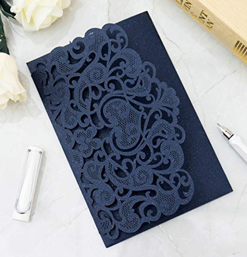 25PCS Laser Cut Invitations, 4.9''x 7'' Wedding Invitations with Blank Paper + Envelopes for Wedding Bridal Shower Anniversary Birthday Party (Navy Blue)