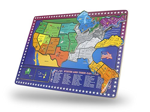 Toy Cubby USA Map Wooden Puzzle - 16 piece Educational Jigsaw Puzzle Wooden Map United States of America States with Capitals and Key Industry - Colorful Wooden Jigsaw USA Map