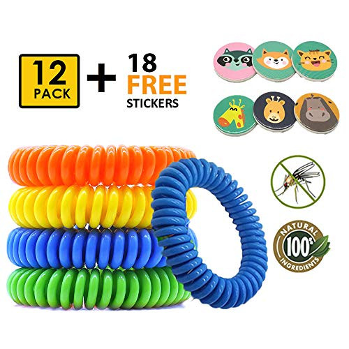COSYWORLD Mosquito Repellent Bracelet for Kids & Adults, Natural DEET-Free Non-Toxic Safe Bands, Insect & Bug Protection Waterproof Wristbands 12 Pack with Free 18 Animal Patches for Indoor & Outdoor