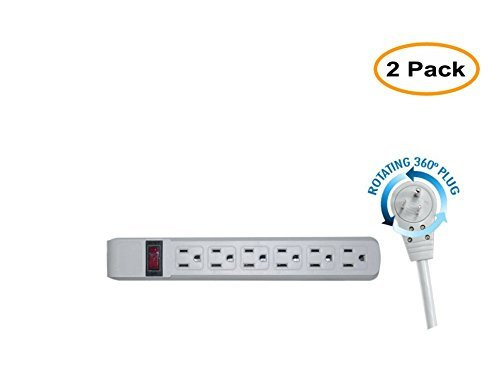 Surge Protector, Flat Rotating Plug, 6 Outlet, Horizontal Outlets, Plastic, Power Cord, 10 Feet, Gray, Pack of 2