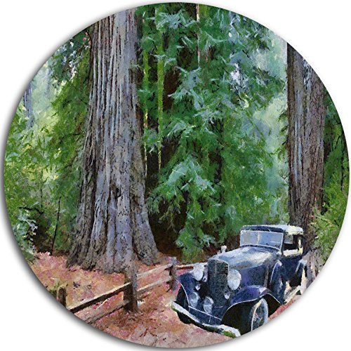 Designart Vintage Car in Forest Landscape Painting Round Wall Art - Disc of 23 inch, 23'' H x 23'' W x 1'' D 1P Designart Vintage Car in Forest Landscape Painting Round Wall Art - Disc of 23 inch, 23'' H x 23'' W x 1'' D 1P