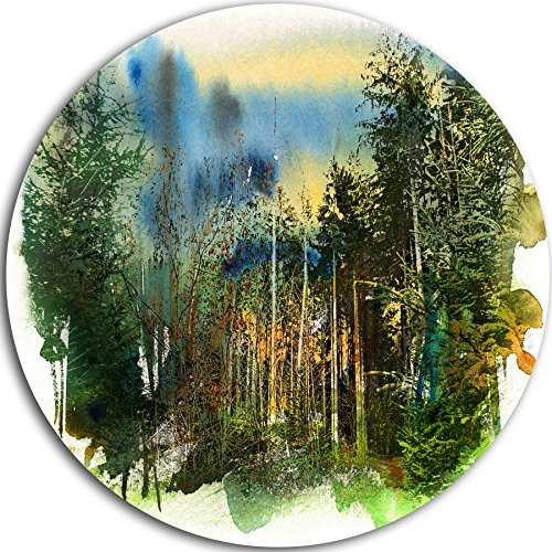 Designart Colorful Forest Watercolor Landscape Painting Circle Wall Art - Disc of 23 inch 23'' H x 23'' W x 1'' D 1P
