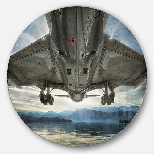 Designart Plane Over Beach and Sea-Seashore Photography Large Metal Wall Art - Disc of 23 23'' H x 23'' W x 1'' D 1P Blue