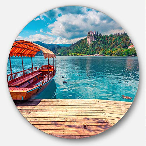 Designart Boat in Lake Bled in Julian Alps Landscape Circle Wall Art - Disc of 38 38x38-Disc of 38 inch, Blue