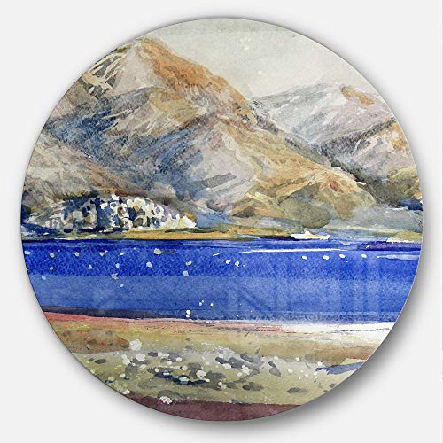 Designart Mountains and Blue Sea Landscape Round Metal Wall Art - Disc of 11 inch 11X11-Disc Gray