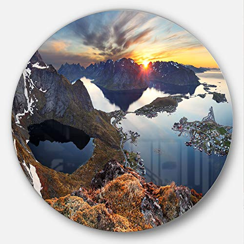 Designart Sunset at Rocky Mountains Norway - Landscape Photo Round Metal Wall Art - Disc of 11 11'' H x 11'' W x 1'' D 1P Blue