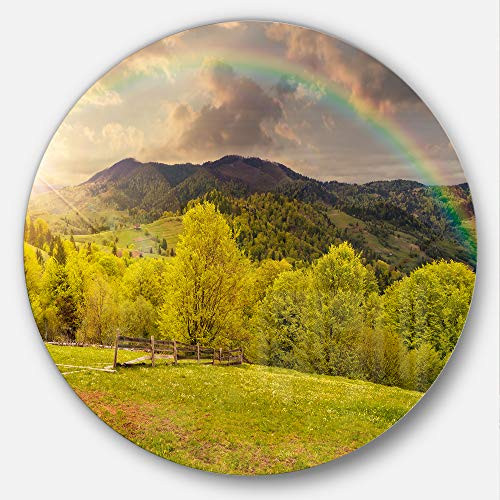 Designart Fence on Hillside Meadow Panorama Landscape Large Metal Wall Art - Disc of 11 11'' H x 11'' W x 1'' D 1P Green