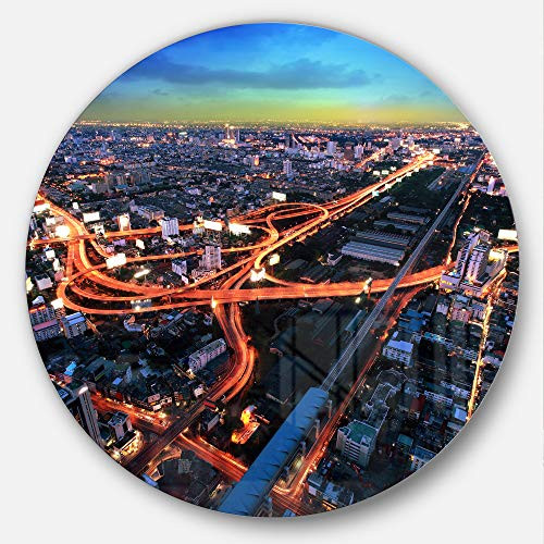 Designart Bangkok Expressway Aerial View Cityscape Large Metal Wall Art - Disc of 11 11'' H x 11'' W x 1'' D 1P Blue