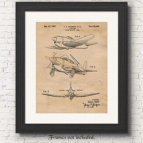 Original Vintage Warbird Airplane Patent Poster Prints, Set of 1 (11x14) Unframed Photo, Great Wall Art Decor Gifts Under 15 for Home, Office, Studio, Man Cave, Student, Teacher, NASA & Aviation Fan