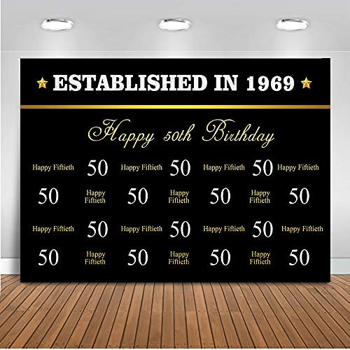 Mehofoto Happy 50th Birthday Gold Backdrop Black Gold Step and Repeat Photography Backdrop 7x5ft Vinyl Established in 1969 50th Birthday Party Banner Backdrops