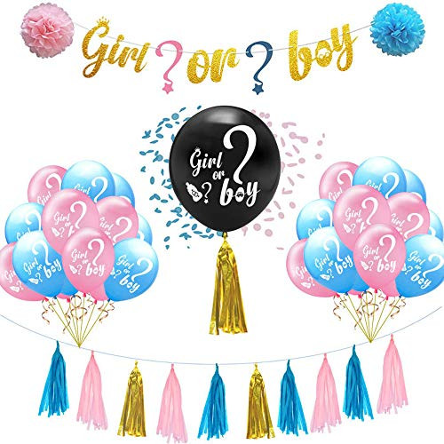 Gender Reveal Party Supplies Baby Shower Decorations Set- 36" Baby Gender Reveal Balloon and 12" Pink and Blue Girl or Boy Balloons,Gender Reveal Confetti and Banner,Pom Poms and Tassels
