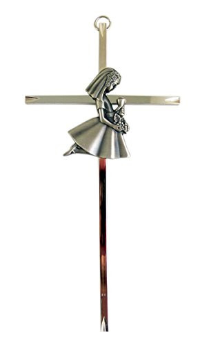 First Holy Communion Silver Tone Wall Cross with Fine Pewter Girl Casting, 8 Inch
