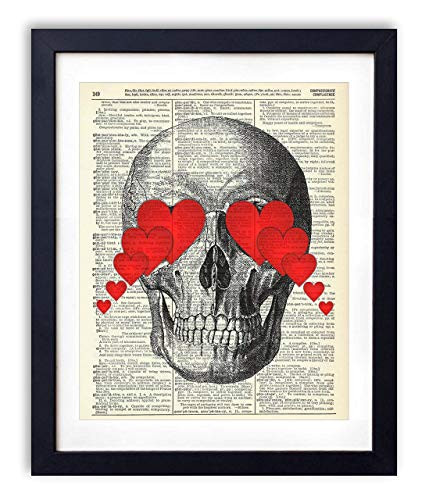 Skull With Hearts Upcycled Vintage Dictionary Art Print 8x10