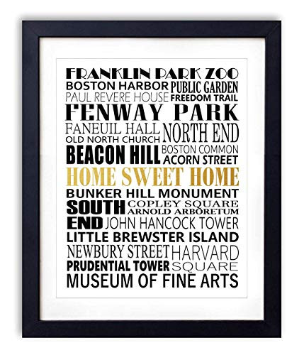 Gold Foil Art Print - Boston City Landmarks Typography With Gold Foil Home Sweet Home 8x10 inches - Unframed