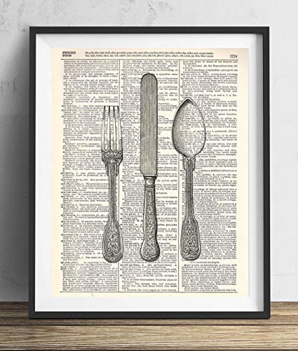 Silverware Illustration Vintage Upcycled Dictionary Art Print 8x10