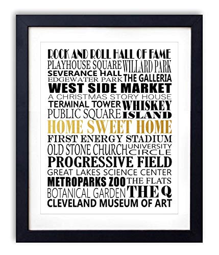 Gold Foil Art Print - Cleveland City Landmarks Typography With Gold Foil Home Sweet Home 8x10 inches - Unframed