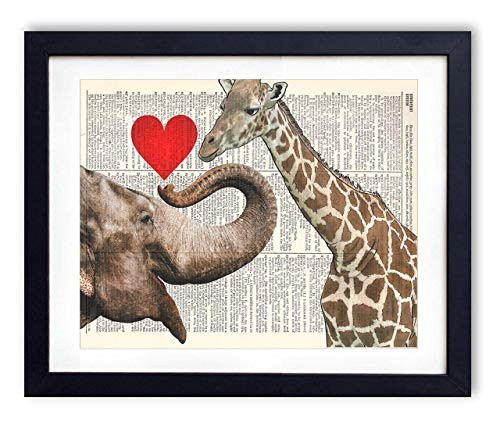 Giraffe And Elephant Love Vintage Upcycled Dictionary Art Print 8x10