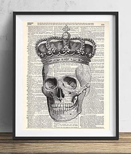 Skull With Crown Illustration Vintage Upcycled Dictionary Art Print 8x10