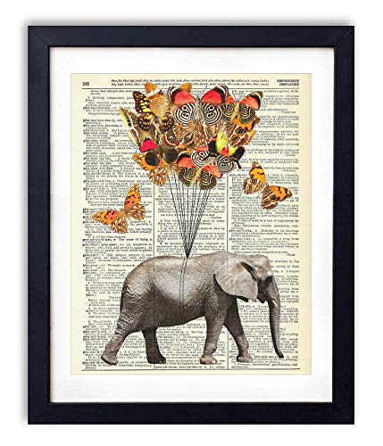 Elephant With Butterflies (#1) Upcycled Vintage Dictionary Art Print 8x10