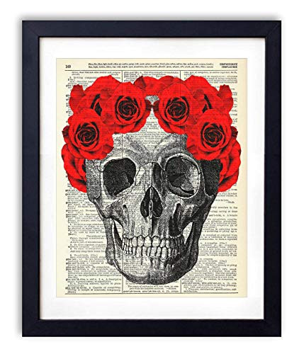 Vintage Skull Illustration With Red Roses Upcycled Dictionary Art Print 8x10