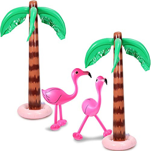 Gejoy Set of 4 Inflatable Palm Trees and Beach Inflatable Pink Flamingo for Hawaiian Pool Luau Party Decoration (Style 2)
