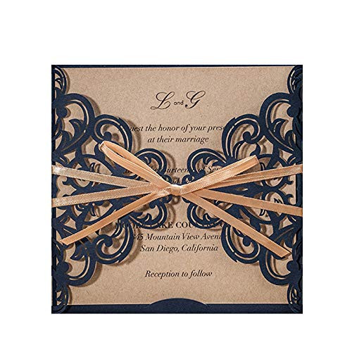 Wishmade Rustic Laser Cut Wedding Invitations Cards DIY Kit Navy Blue Square Bridal Shower Printable Party Invites with Bow Lace Sleeve Card fits Engagement Quinceanera Baby Shower Birthday 50pcs