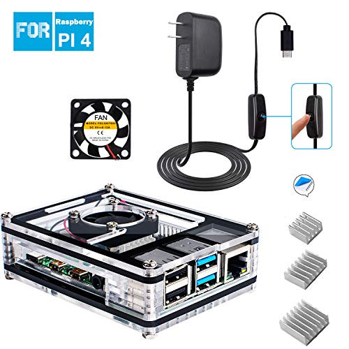 Miuzei Case for Raspberry Pi 4 with Fan, 3× Heat-Sinks, 5V 3A USB-C Power Supply with ON/Off Switch for Raspberry Pi 4 Model B