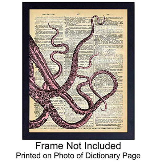 Octopus Upcycled Dictionary Wall Art Print - 8X10 Vintage Unframed Photo - Great For Home Decor and Easy Gift Giving - Pink Tentacles