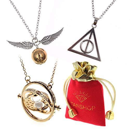 YOCOM Harry Potter Necklace Set -3 Pieces Cosplay Pendant Necklaces Deathly Hallows Golden Snitch and Roating Time Turner Necklace with White Sand YOCOM Harry Potter Necklace Set -3 Pieces Cosplay Pendant Necklaces Deathly Hallows Golden Snitch and Roating Time Turner Necklace with White Sand