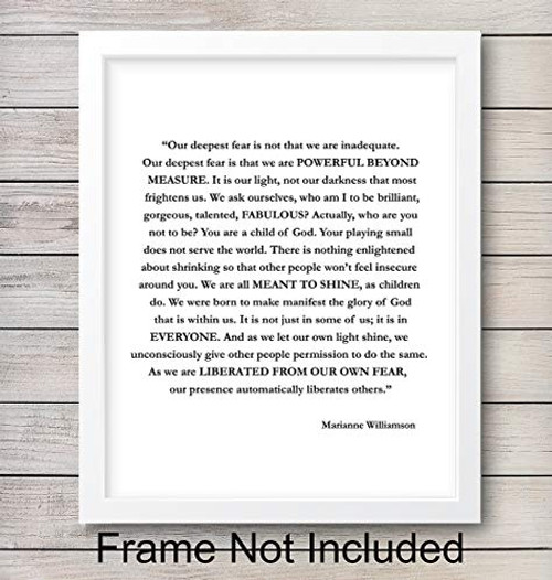 Marianne Williamson Deepest Fear Quote Wall Art Print - Perfect for Office and Home Decor - Makes a Great Affordable Gift - Inspirational and Motivational - Ready to Frame Photo (8X10)