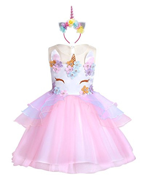 KABETY Baby Girl Unicorn Costume Pageant Flower Princess Party Dress with Headband (150cm, Pink)