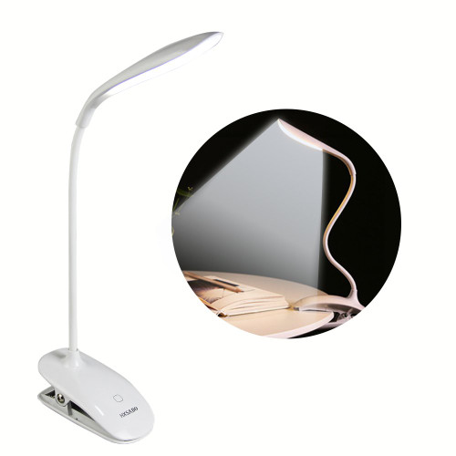 LED Dimmable Desk Lamp, HXSABO Clip On Reading Light Eye-care Bedside Book Light Flexible Gooseneck Clamp Table Lamp, USB Rechargeable, Touch Switch, 3 Levels Brightness Night Light for Reader, Kids
