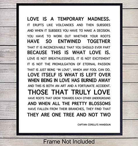 Captain Corelli's Mandolin Love Quote Art Print - Wall Art Poster - Unique Home Decor for Bedroom, Bathroom, Living Room - Gift for Engagement, Anniversary, Wedding or Bridal Shower, 8x10 Unframed