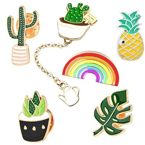 GuassLee Cute Enamel Lapel Pin Set - 6pcs Cartoon Brooch Pin Badges Clothes Bags Backpacks - Rainbow Cactus Succulent Leaves Pineapple
