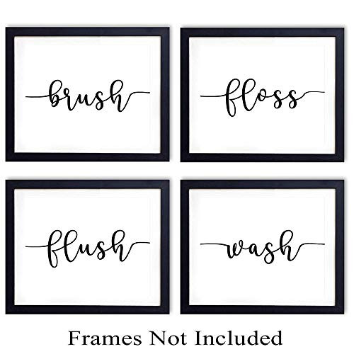 Bathroom Wall Art Print Typography - Set of Four Photos (8x10) Unframed - Makes a Great Gift - Chic Home Decor - Brush Floss Flush Wash
