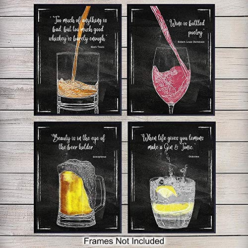 Bar Accessories Tools Art Prints - Vintage Quotes Wall Art Poster Set - Chic Home Decor for Kitchen, Man Cave, Den - Gift for Men, Whiskey, Wine, Martini Fans - 8x10 Photo Unframed