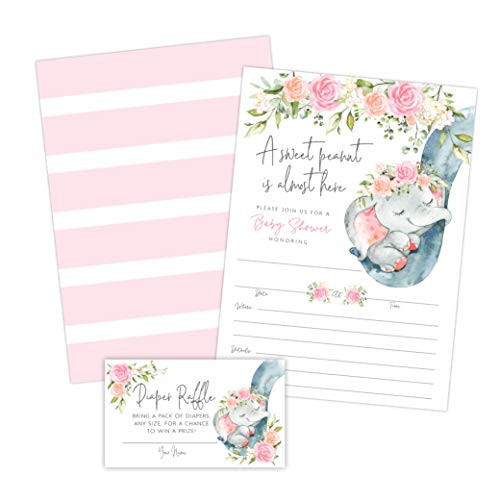 Elephant Girl Baby Shower Invitations, Peanut Baby Shower Invites with Diaper Raffles Cards, Sprinkle, 20 Invites Including Envelopes