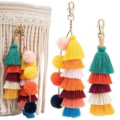 2Pcs Tassels Pom Poms Keychain, Bohemian Handbag Bags Pendant Key Chain Rings