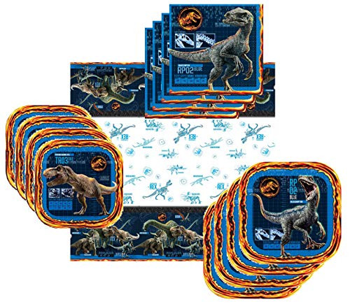 Jurassic World Party Supplies Tableware Bundle Pack For 16 Guests - Includes 16 Dinner Plates, 16 Dessert Plates, 16 Dinner Napkins, and 1 Tablecover