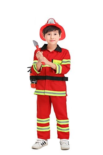 yolsun Fireman Role Play Costume for Kids, Boys' and Girls' Firefighter Dress up and Play Set (7 pcs) (8-10y, red)