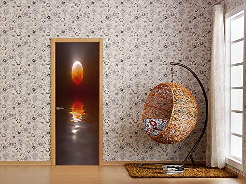 FLFK 3D Door Murals Stickers Wall Decals-Red Moon Lake Self Adhesive Wallpaper for Home Bedroom Decor 30.3x78.7 (MT020)
