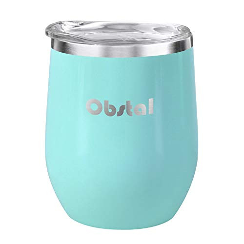 Obstal 12 oz Stemless Wine Tumbler, Stainless Steel Wine Glass with Clear Lid - Double Wall Vacuum Insulated Tumbler for Wine, Coffee, Aqua Blue