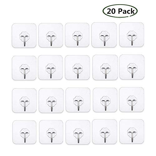 20 Pack Wall Hooks Strong Adhesive Wall Hanging Hooks,Stick On Hooks Ceiling Hanger Damage Free Hanging, Reusable Waterproof OilProof for Home, Bathroom, Kitchen, Clear