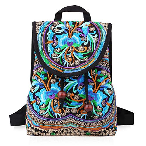 Mazexy Handmade Embroidered Shoulder Bag Cross-body Bag Vintage Ethnic Flower (Backpack Flower Blue)