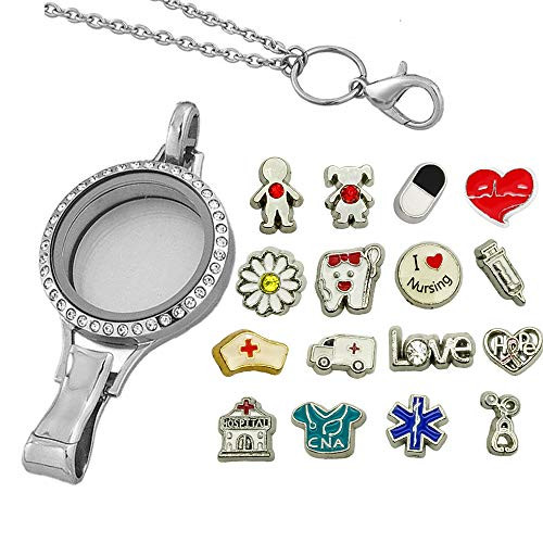 Floating Locket Nurse Charm Lanyard Magnetic Glass 30mm Locket Lanyard W/ 16Pcs Medical Nurse RN Floating Charms Set Christmas RN Registered Nurse Doctor Gift Idea (Magnetic Open)