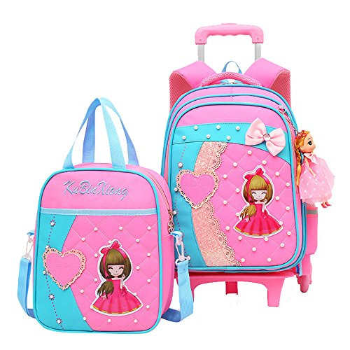 Adanina Princess Wind Girls Prints Students Rolling Backpack Elementary Middle Trolley School Bag Sets Wheeled Book Bag with Lunch Bag