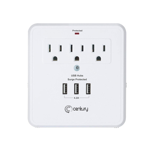 Century 3-Outlet Wall Mount Surge Protector Adapter with 3 USB Charging Ports (4.2A), Three (3) Prong Outlets, 2 Slide Out Phone Holder Cradle, Electrical Outlet Extender for Home and Office- White