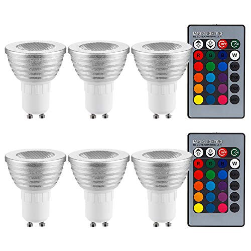 TORCHSTAR 3W Multi-Color GU10 LED Bulb, Dimmable RGB Floodlight Kit, 2 Remote Controllers, Color Changing Reflector, LED Mood Light Bulb, for General, Decorative, Accent Lighting - Silver, Pack of 6